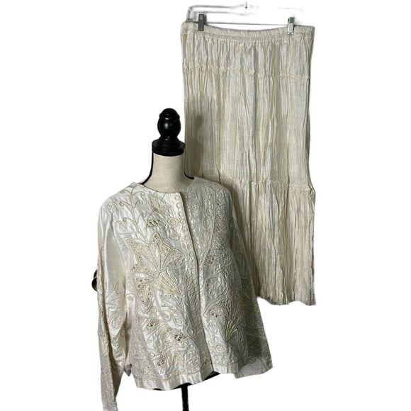 Sandy Starkman Skirt Set Womens 1X White 100% Silk Beaded 3 Piece Vintage - Picture 2 of 16
